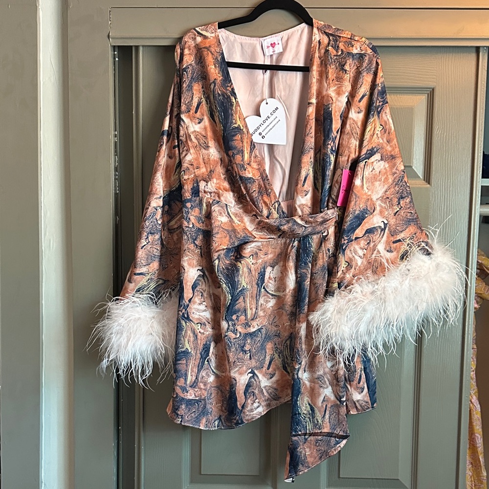 Buddy Love Marble Print Mini Dress in Copper and Navy with Feather Cuffs